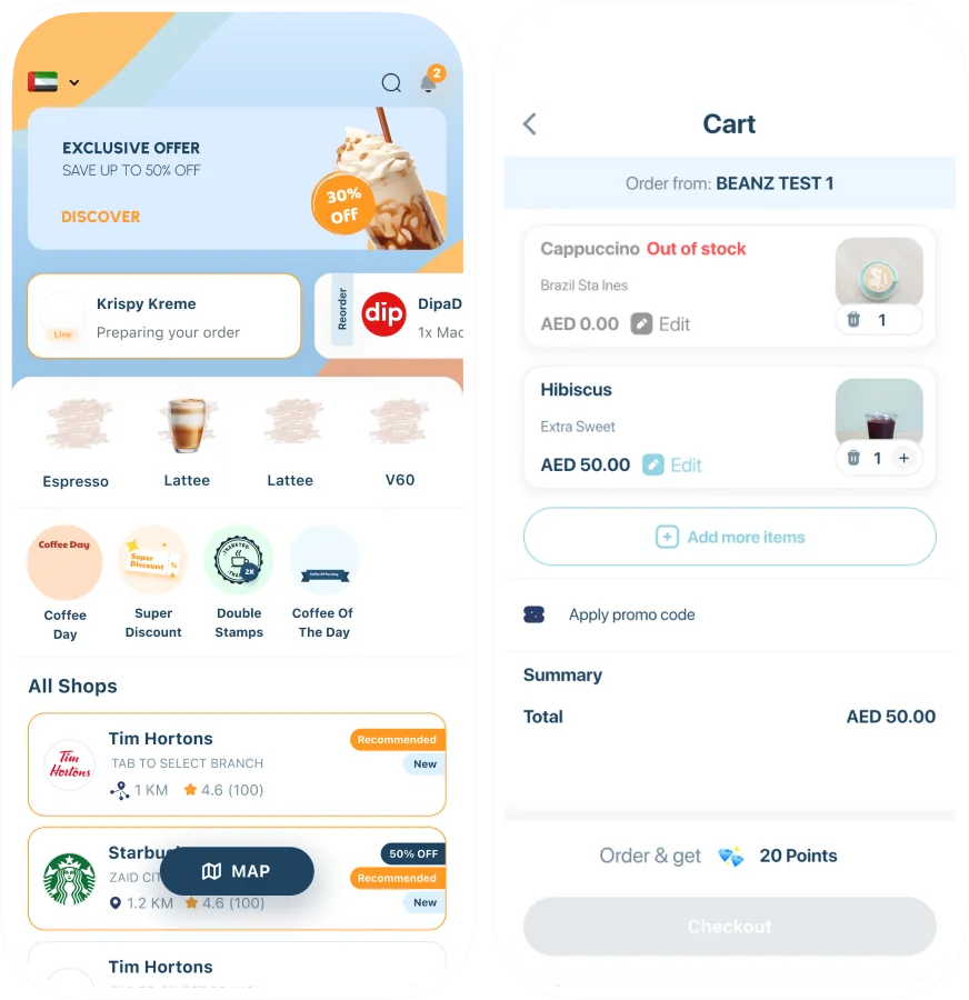 Beanz — Redesign for a coffee and gift ordering app, before redesign