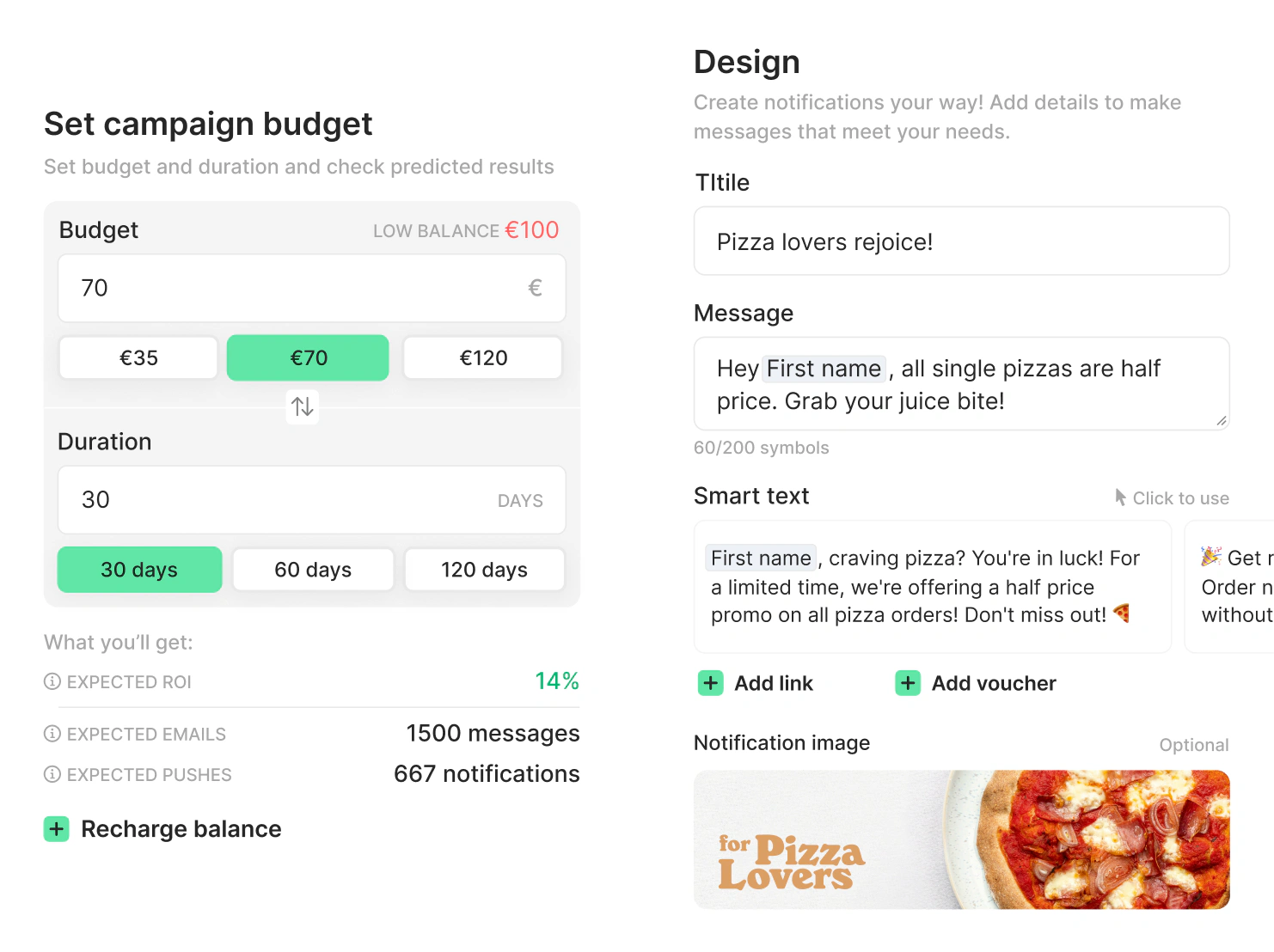 Campaign — budget and design screen