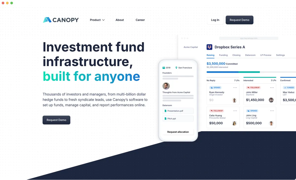 Canopy — Redesign for an investment SaaS for fund managers, before redesign