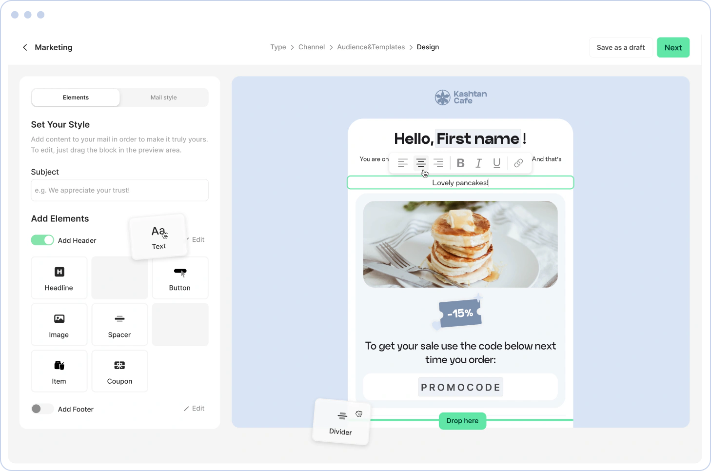 Email builder — drag and drop editor