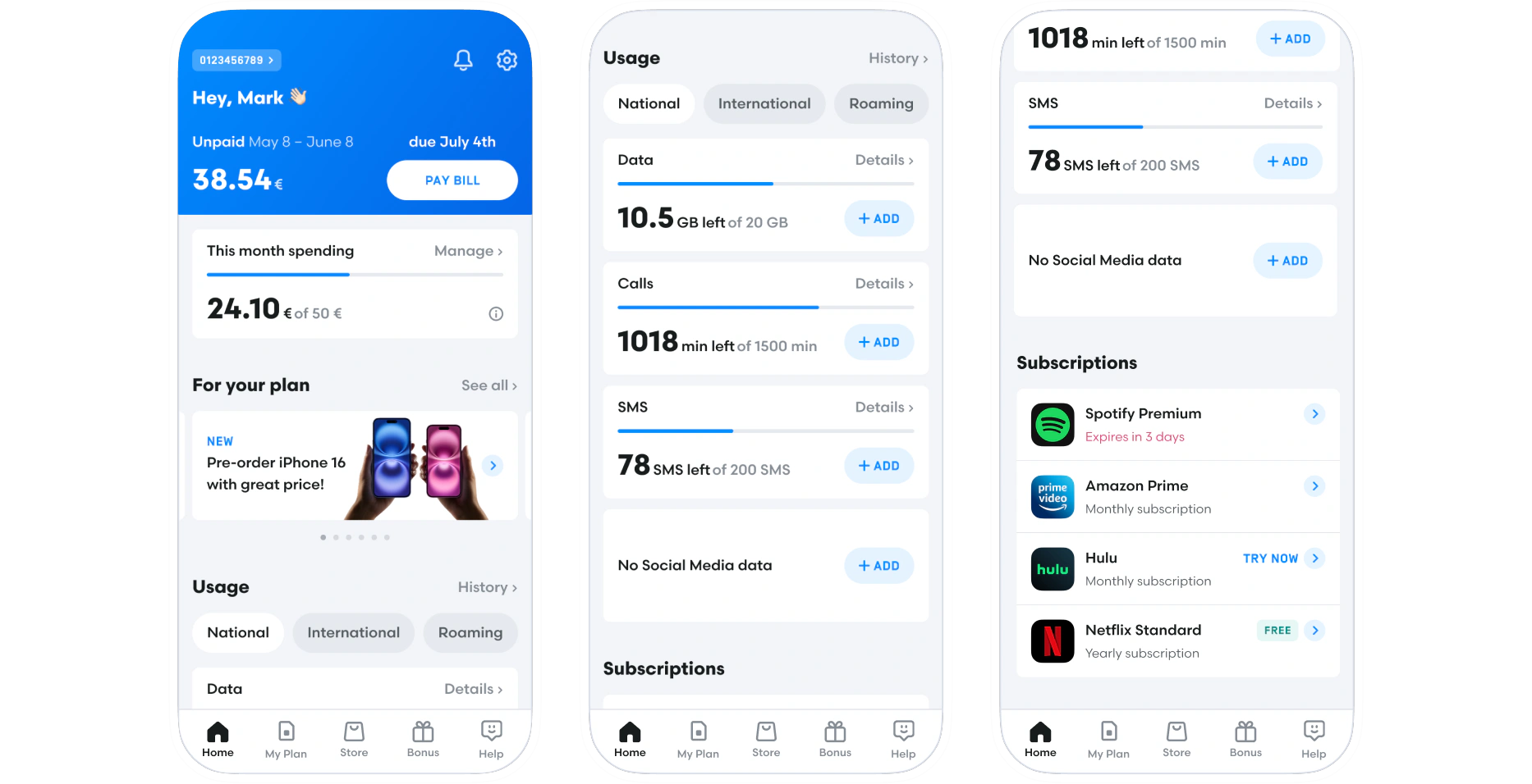 Home page with premium mode — dashboard, usage and subscriptions