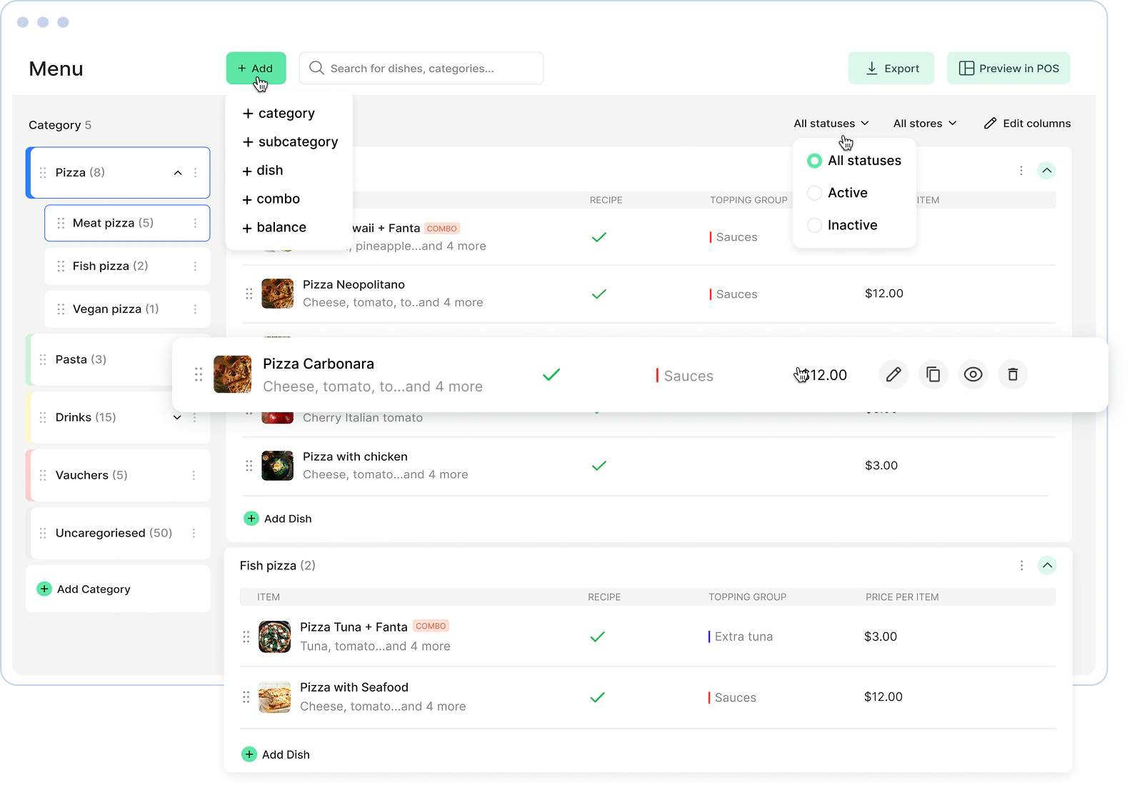 Main dashboard — menu list
