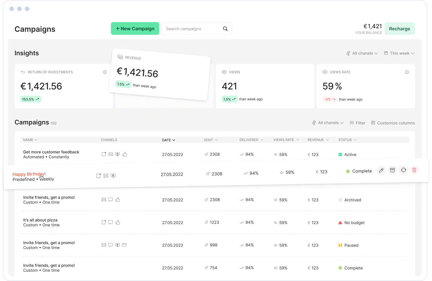 Marketing module — campaigns table