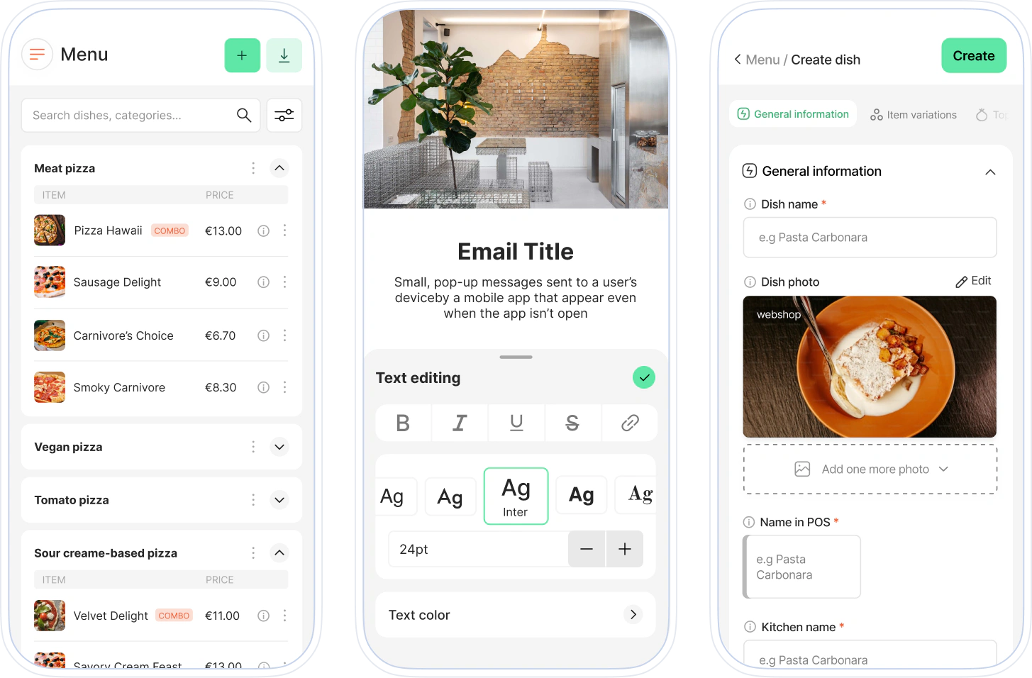 Mobile version — menu, email editor, dish detail