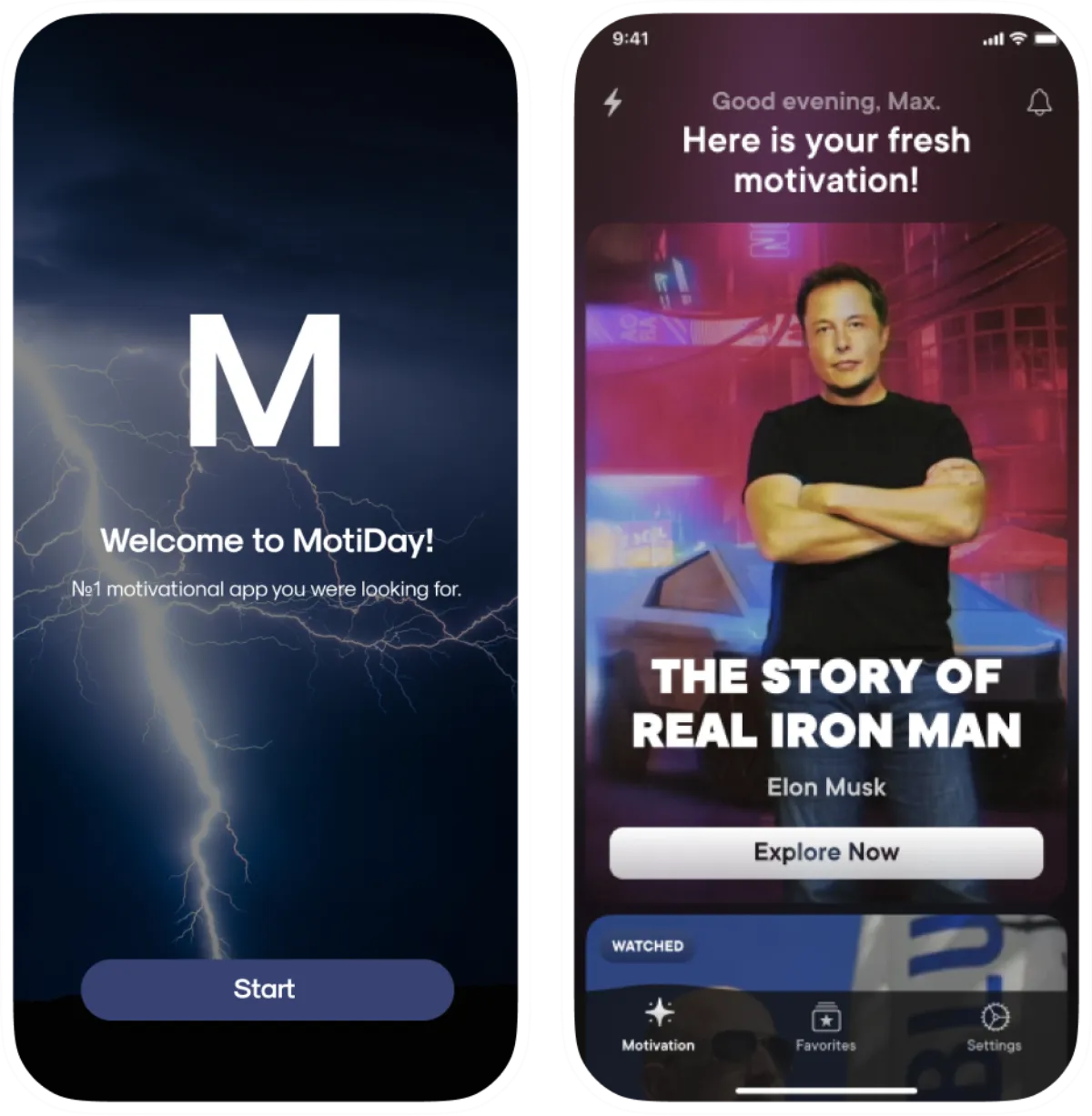 Motiday — Motivational mobile app design with life stories, before redesign