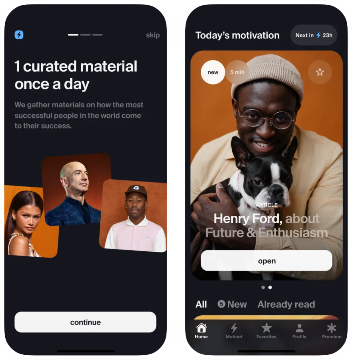 Motiday — Motivational mobile app design with life stories, after redesign