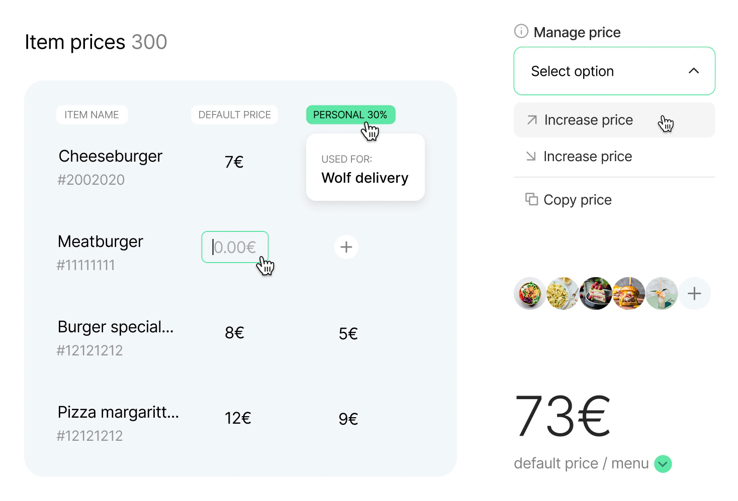 Item prices — inline editing table