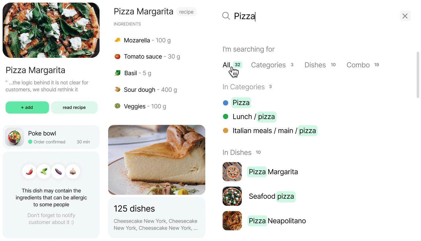 Redesigned dish detail and search dropdown